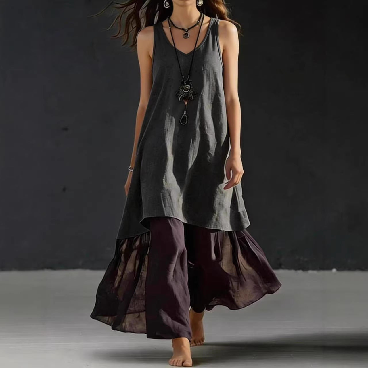High-Low Tunic Top & Sheer Layered Wide Leg Pants