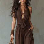 Earthy Brown Halter Wide-Leg Jumpsuit