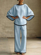 Women'S Elegant Round Neck Loose Bat Sleeves Cotton And Linen Two-Piece Set