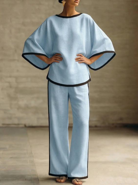 Women'S Elegant Round Neck Loose Bat Sleeves Cotton And Linen Two-Piece Set