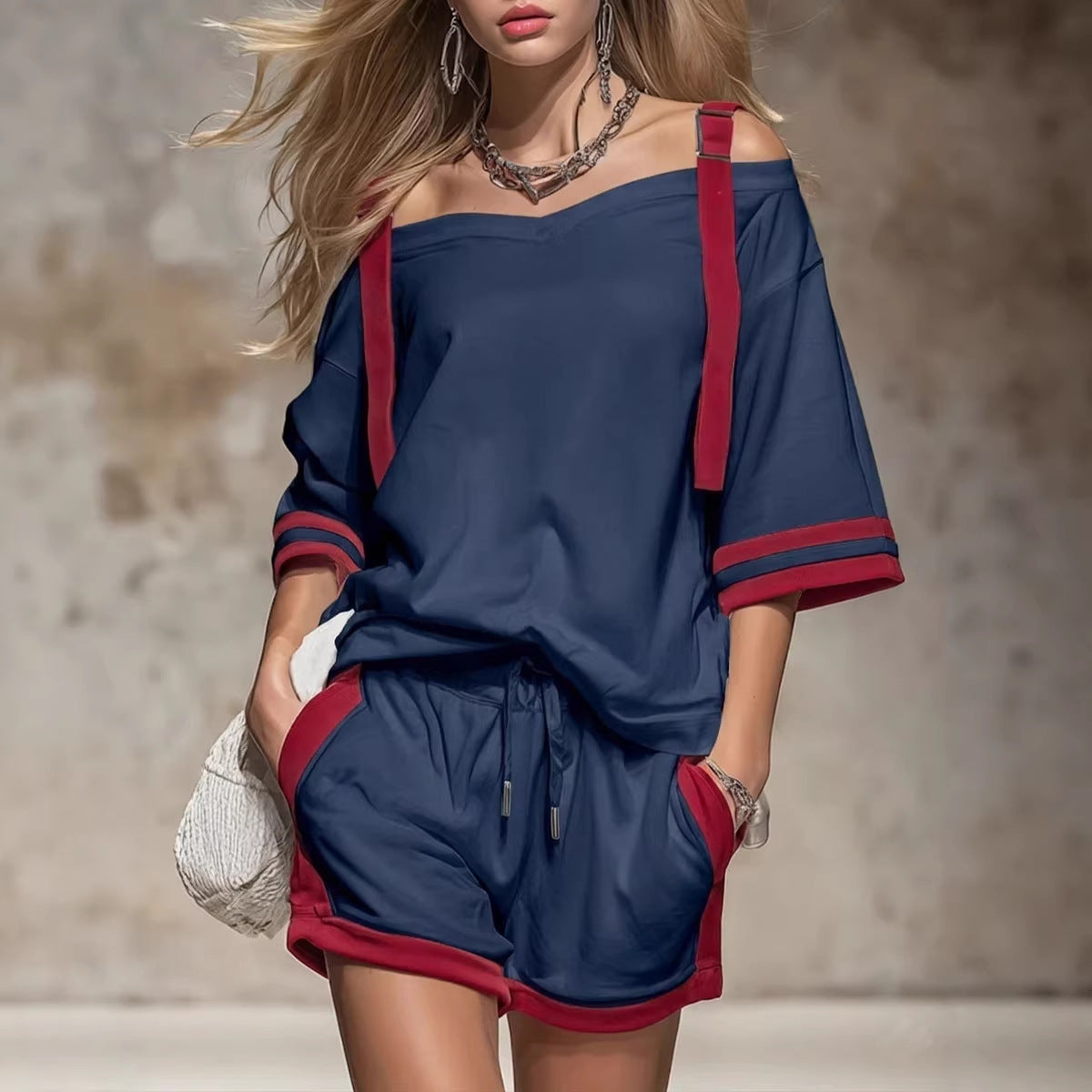 Retro Color-blocked Off-shoulder Short-sleeved T-shirt And Shorts Set