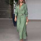 Women Collared Waist‑Tab Shirt Maxi Dress