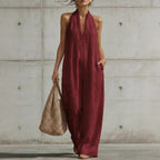 Linen Halter Deep V Wide Leg Cuffed Jumpsuit