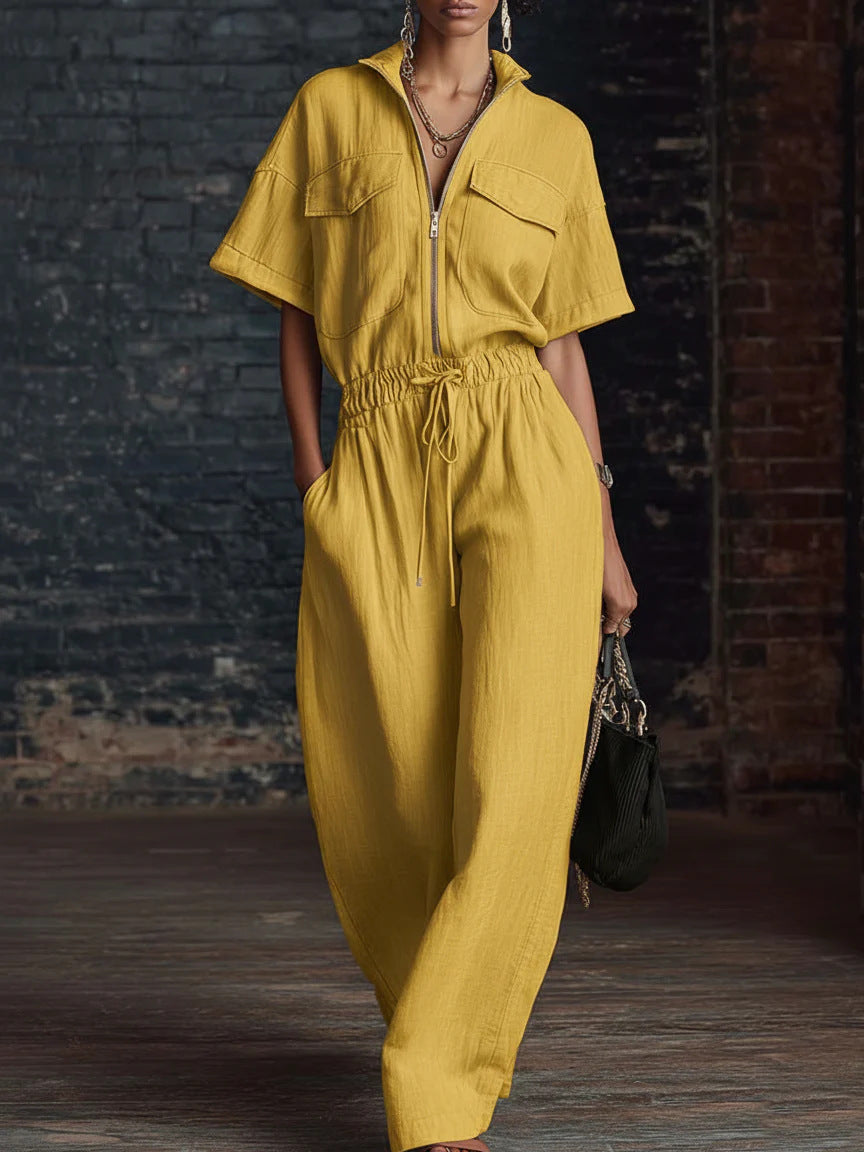 Stand Collar Sleeveless Casual Loose Cotton And Linen Jumpsuit