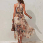 Sleeveless Vintage Watercolor Print Ruffled Flowy Vacation Dress