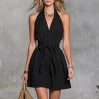 Halter Neck V-Neck Waist Tie Casual Holiday Women'S Dress