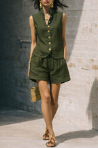 Linen Stand Collar Sleeveless Vest & Elastic Waist Shorts 2 Piece Co-Ord Set