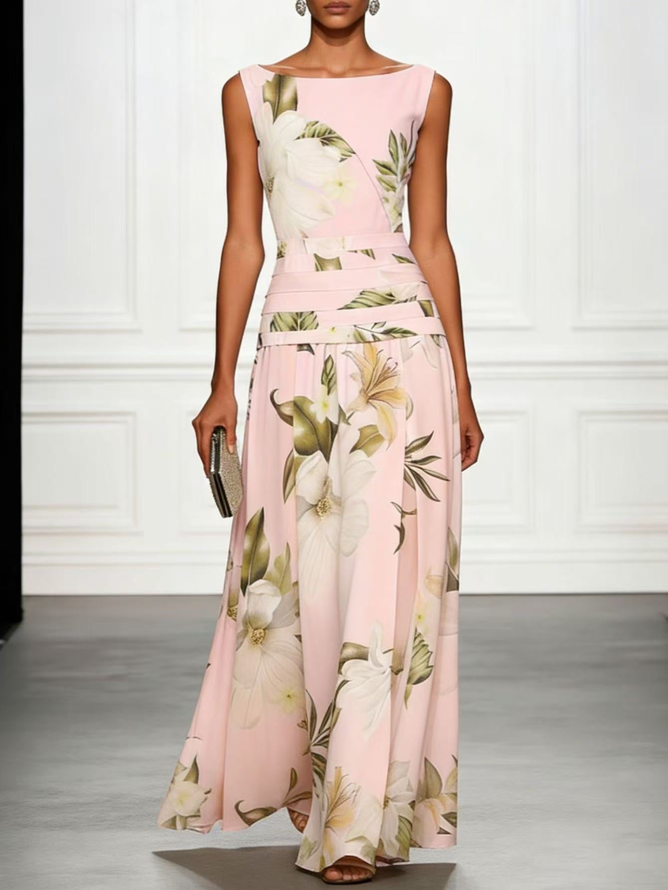 Vintage Lily Floral Color Block Maxi Gown
