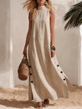 Casual Solid Color Cotton And Linen Sleeveless Side Slit Maxi Dress