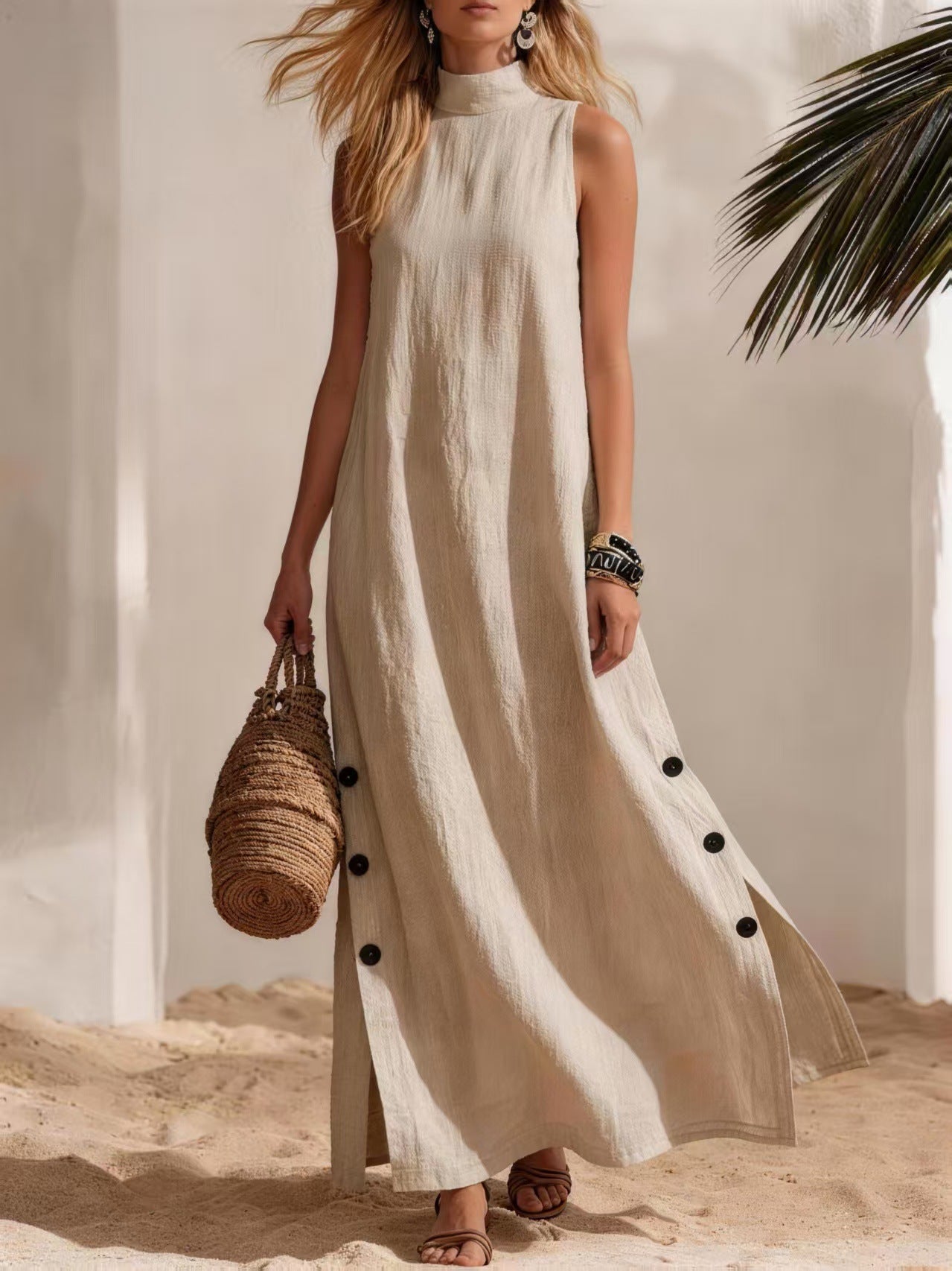 Casual Solid Color Cotton And Linen Sleeveless Side Slit Maxi Dress
