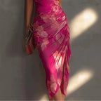 Hot Pink Floral Ruched Halter Midi Dress