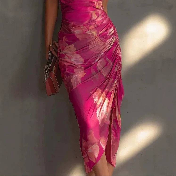 Hot Pink Floral Ruched Halter Midi Dress