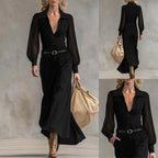 Sheer Sleeve Belted Maxi Shirt Dress