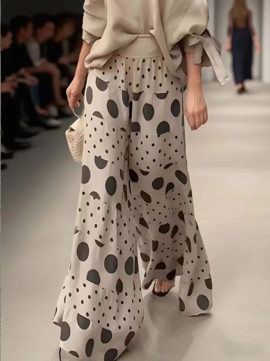 Linen Off Shoulder Top & Polka Dot Tiered Wide Leg Pants Two Piece Set