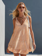 Orange White Vertical Stripe Spaghetti Strap Ruffle Hem Mini Dress