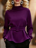 Mock Neck Peplum Top with Belt – Elegant Long Sleeve Blouse