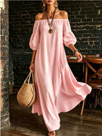 Women White Off‑Shoulder Balloon Sleeve Flowy Maxi Dress