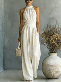 Halter Neck Linen-Blend Wide Leg Jumpsuit