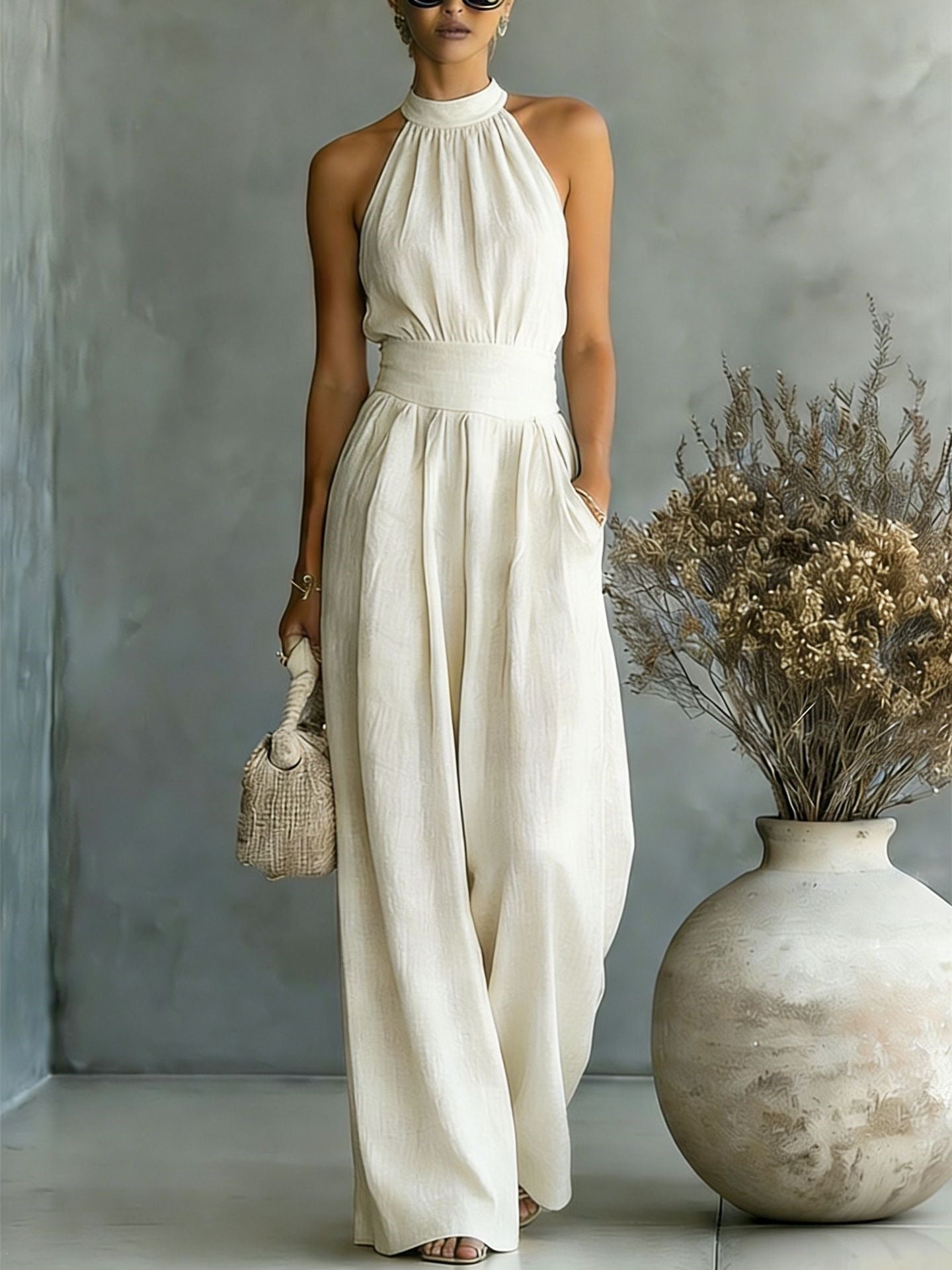 Halter Neck Linen-Blend Wide Leg Jumpsuit