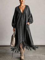 Boho Casual Deep V Neck Fringe Hem Oversized Midi Dress