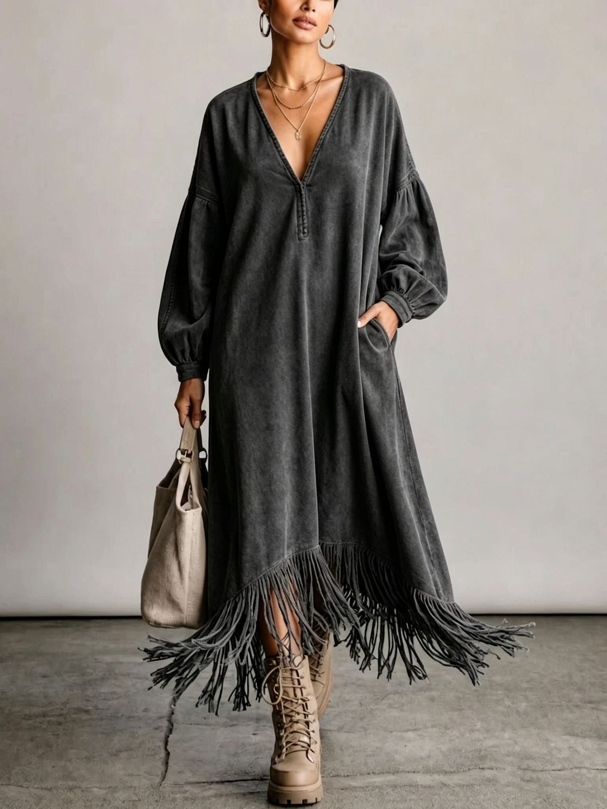 Boho Casual Deep V Neck Fringe Hem Oversized Midi Dress