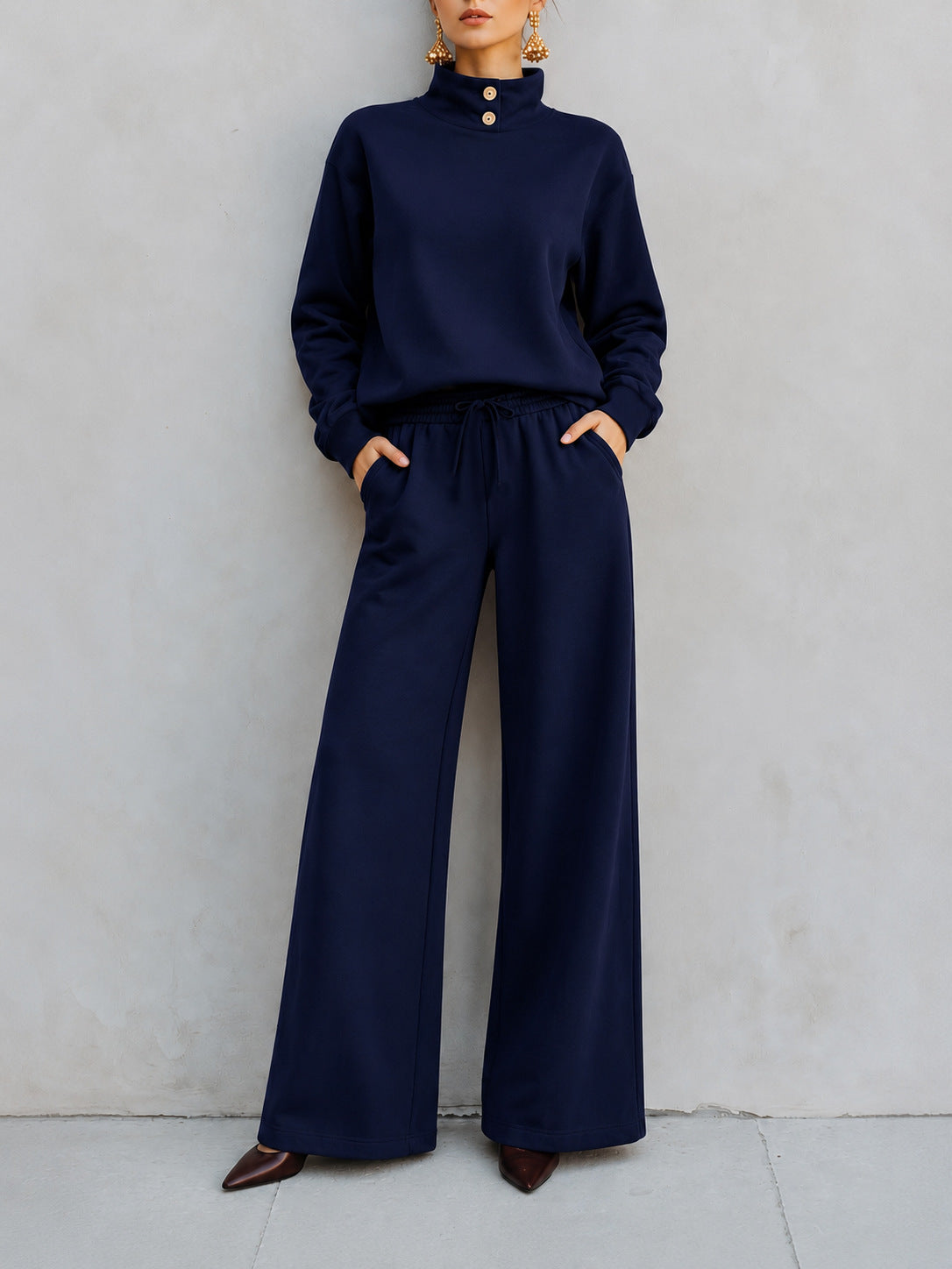 Mock‑Neck Button‑Detail Sweatshirt & Wide‑Leg Drawstring Pants Two‑Piece Set - navy blue / S