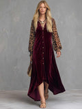Velvet Button-Front Maxi Dress with Sheer Leopard Print Sleeves