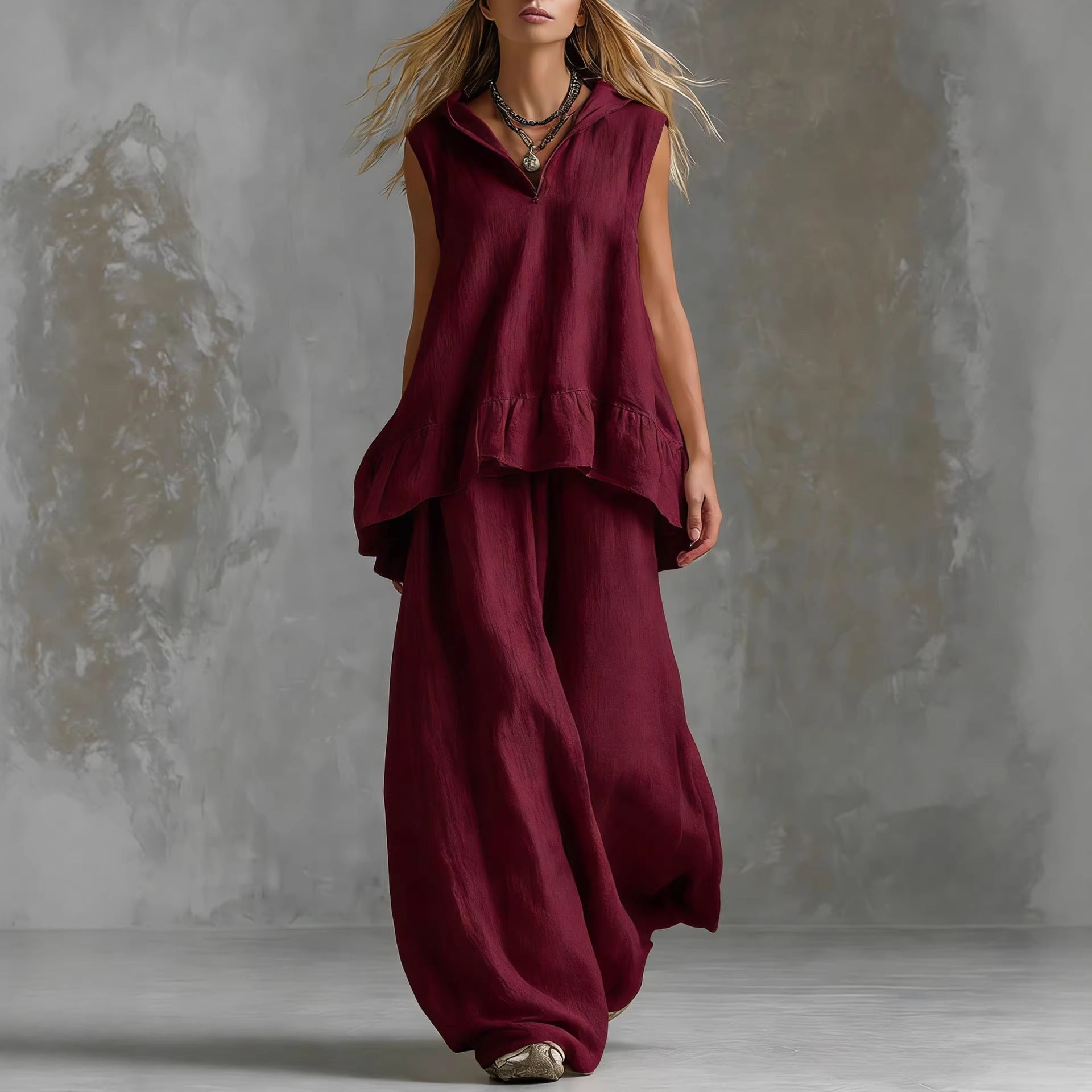 Sleeveless Hooded Textured Two-Piece Set