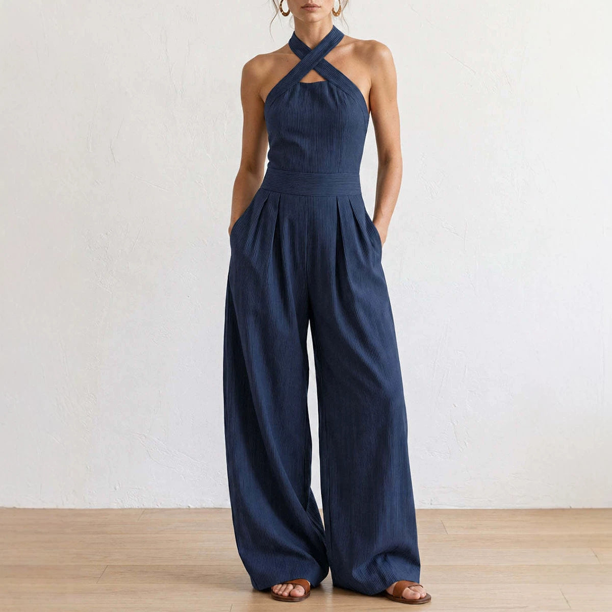 Crisscross Halter Keyhole Cutout High Waist Wide Leg Pantsuit with Pockets