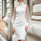 Elegant High-End Satin Mesh Splicing High-Neck Waist-Hugging Evening Dress
