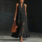 Halter Neck Denim & Tulle Tiered Maxi Dress