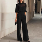 Women'S Mesh Puff‑Sleeve Mock Neck Top & High‑Waist Wide‑Leg Pants Two‑Piece Set