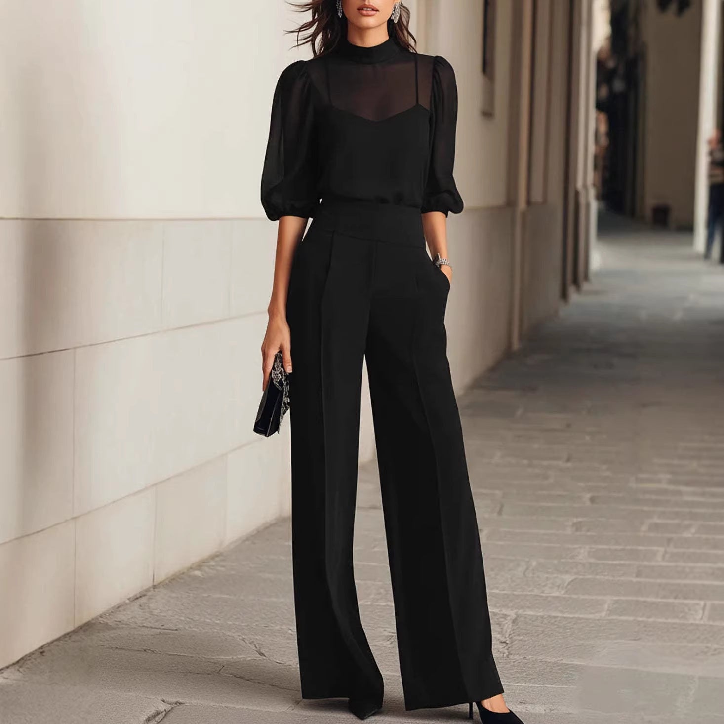 Women'S Mesh Puff‑Sleeve Mock Neck Top & High‑Waist Wide‑Leg Pants Two‑Piece Set