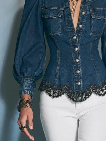 Puff Sleeve Lace Trim Fitted Denim Shirt