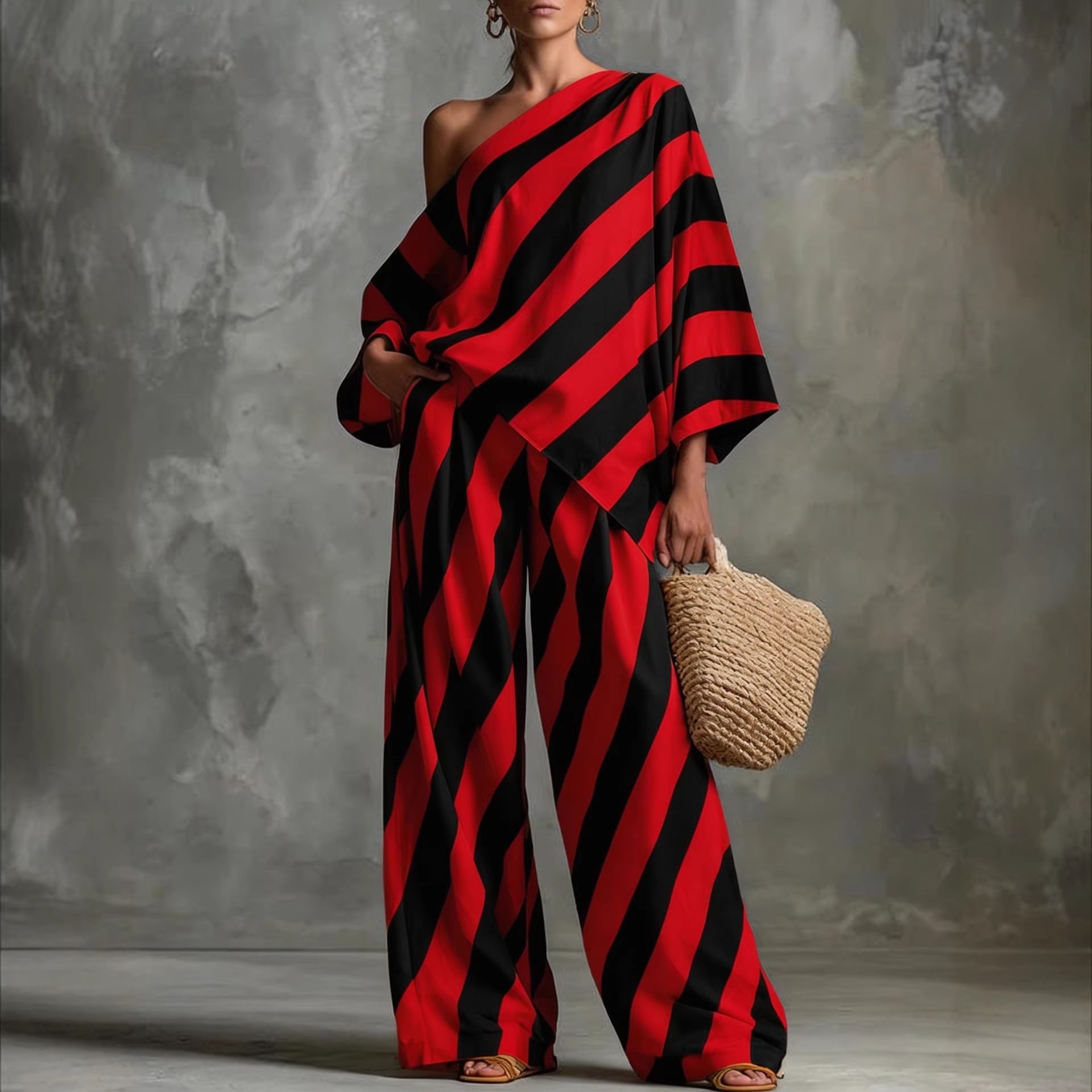 Striped Asymmetric Top & Wide-Leg Pants Set