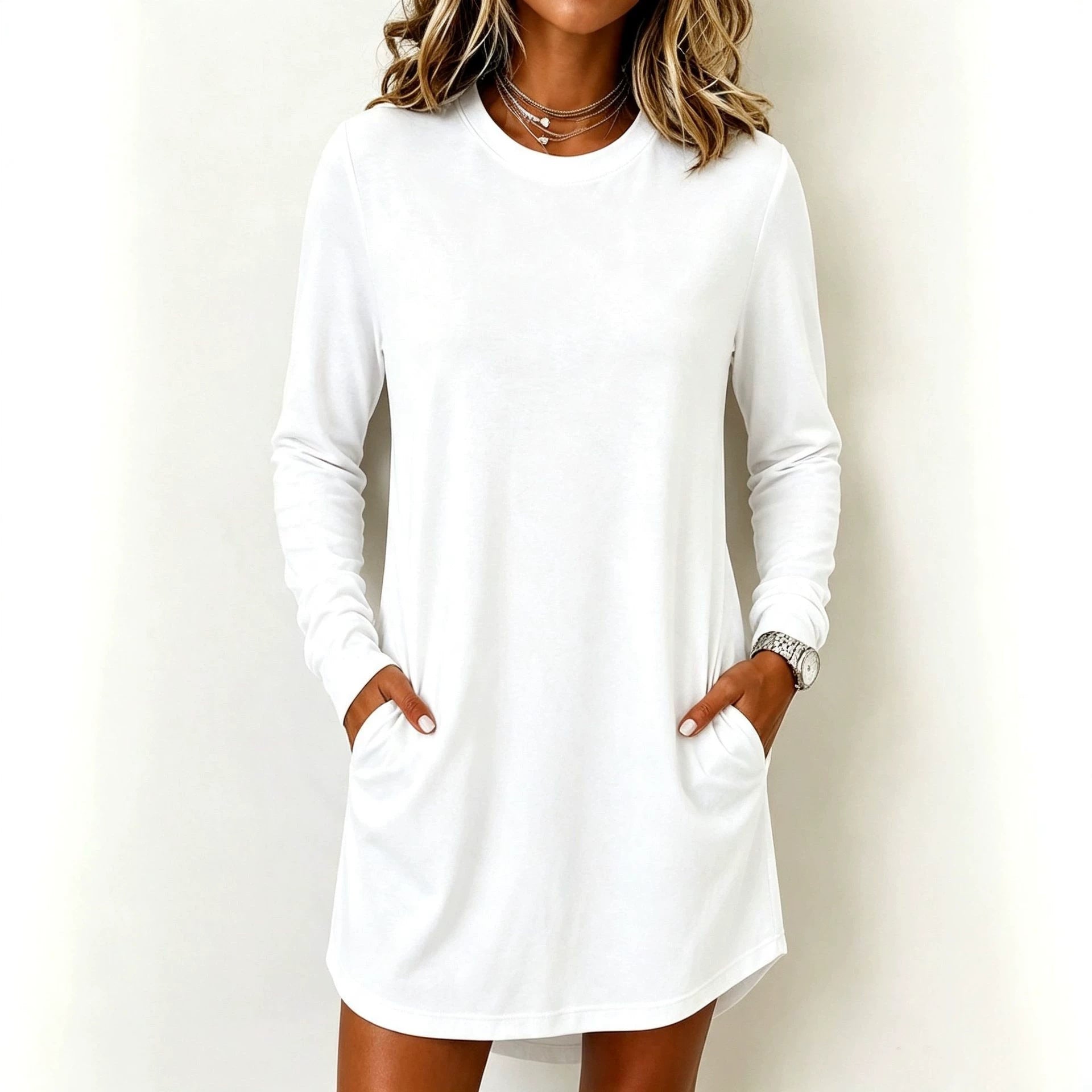 Women's Crew Neck Long Sleeve Pocket T‑Shirt Mini Dress