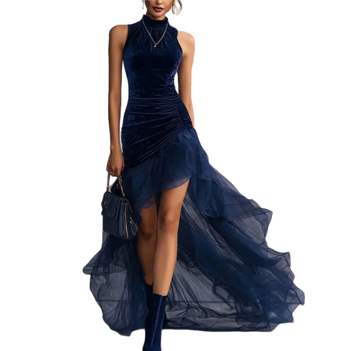 Velvet High-Neck High-Low Tulle Dress