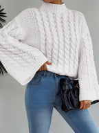 Oversized Cable Knit Mock Neck Sweater | Bell Long Sleeve Cozy Pullover