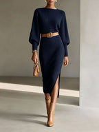 Boat Neck Balloon Long Sleeve Knit Midi Dress With Belt