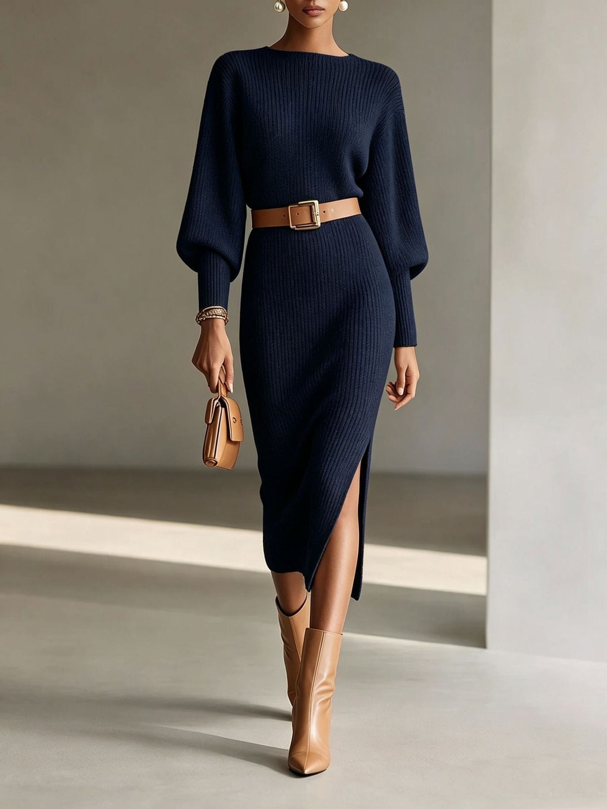 Boat Neck Balloon Long Sleeve Knit Midi Dress With Belt