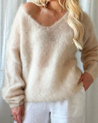 Oversized V‑Neck Drop Shoulder Fuzzy Knit Long Sleeve Loose Fit Pullover Sweater