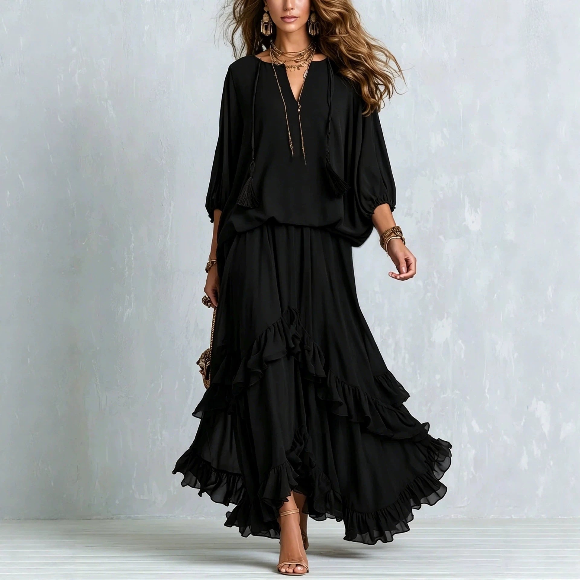 Women'S Tassel‑Detail Blouse & Ruffle Maxi Skirt Boho Two‑Piece Set