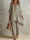V-Neck Loose Striped Casual Two-Piece Suit