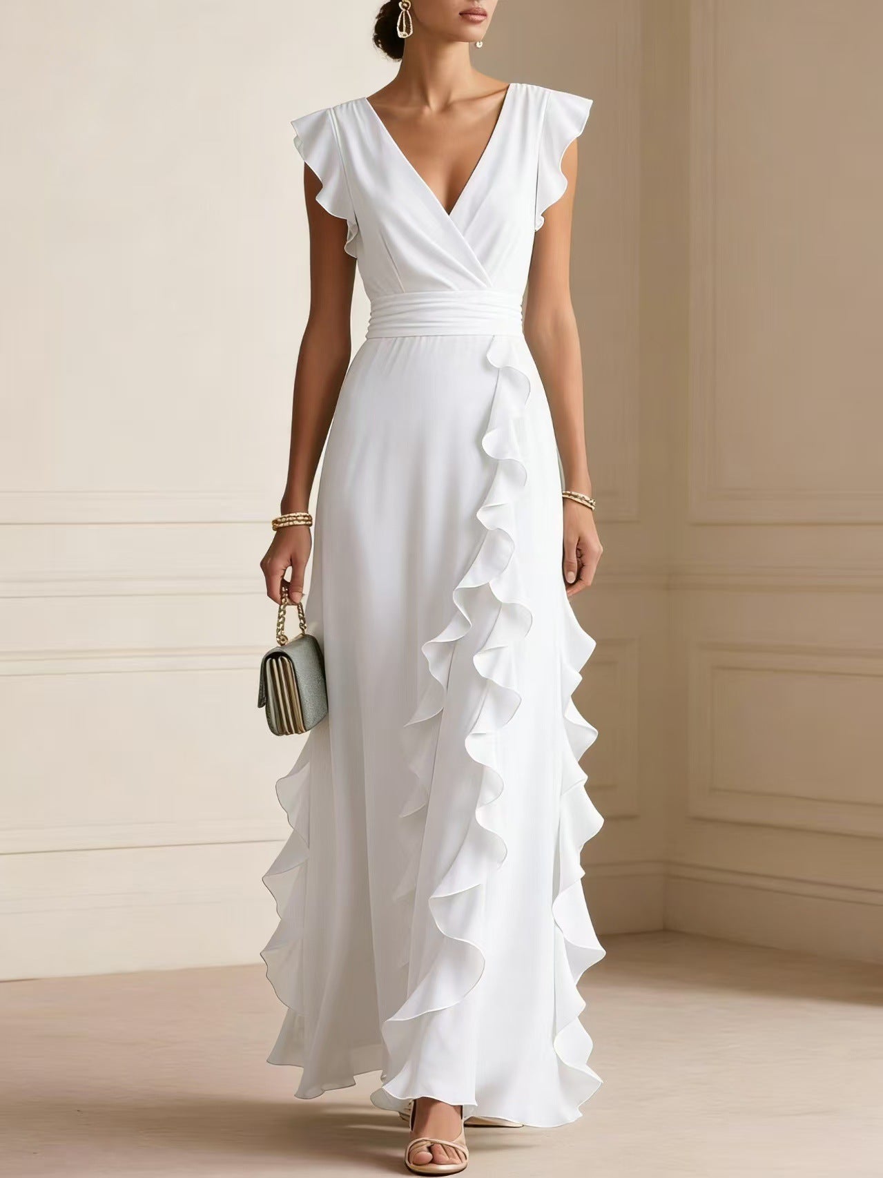 Flutter Sleeve Ruffle Maxi Dress