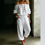 Sage Linen Off Shoulder Drawstring Waist Jogger Jumpsuit