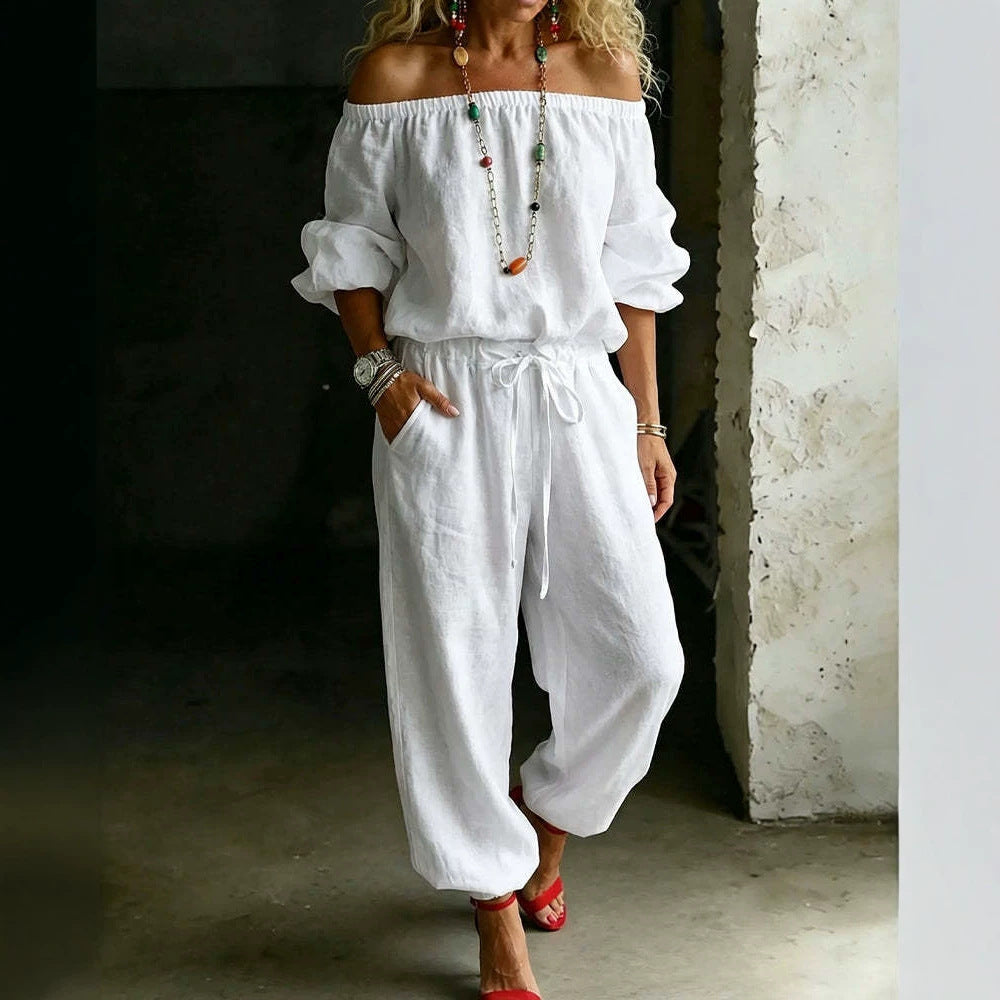 Sage Linen Off Shoulder Drawstring Waist Jogger Jumpsuit