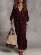 Women's Leopard Print Knot-Front Maxi Kaftan Dress - Flowy V-Neck Chiffon Cover-Up