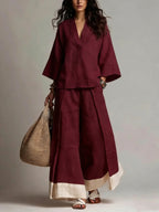 French V-Neck Three-Quarter Sleeve Shirt + Contrasting Color Wide-Leg Pants Suit For Women
