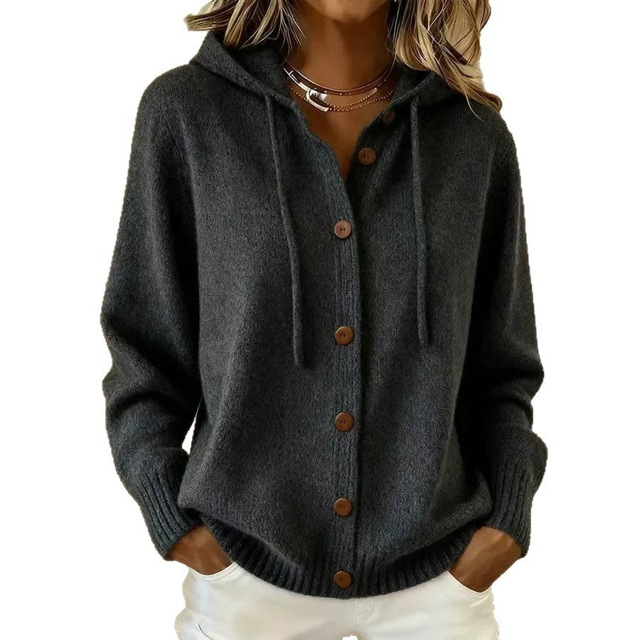 Button Front Hooded Knit Cardigan With Pockets