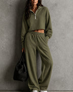 Half‑Zip Cropped Sweatshirt & Wide‑Leg Sweatpants Two‑Piece Set